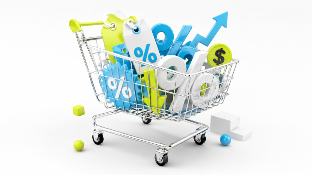 Carrito de compra con símbolos de porcentaje y etiquetas de descuento para representar estrategias de precios