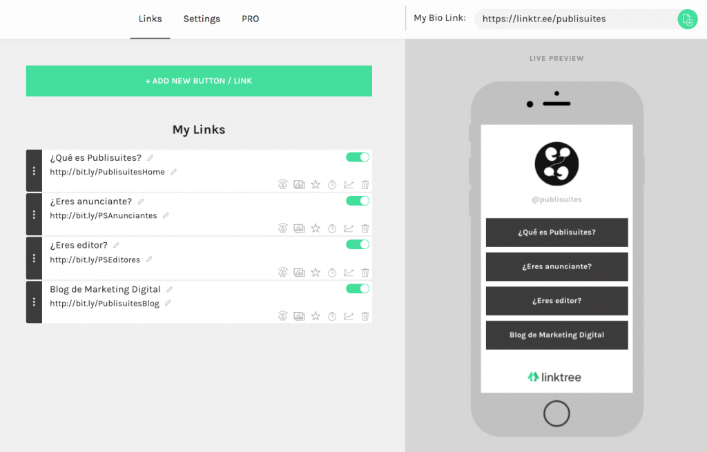 Linktree para la bio de instagram