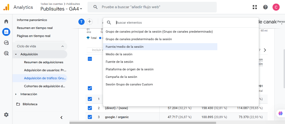 Vista a Fuente en GA4